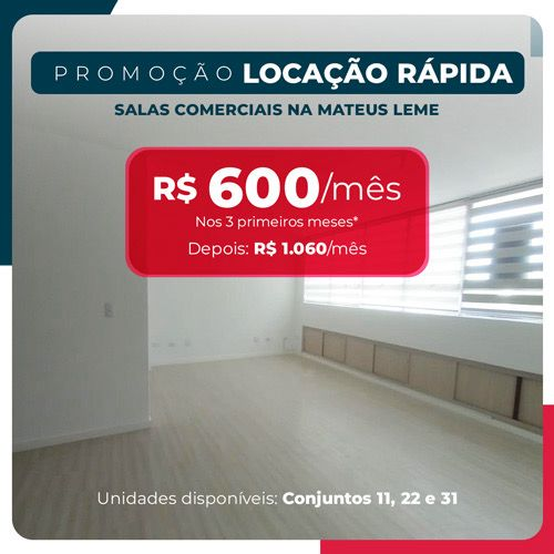 Promoção locação rápida! Salas comerciais na Mateus Leme. R$600 nos primeiros 3 meses